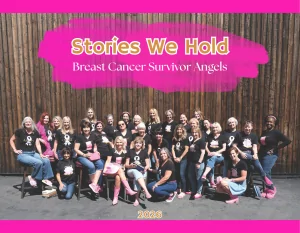 A diverse group of women, wearing black T-shirts with pink breast cancer ribbons, pose together smiling against a wooden backdrop. Text reads 