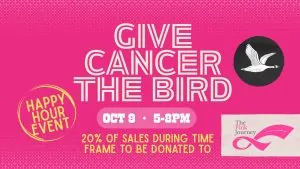 Pink event flyer with bold white text: 
